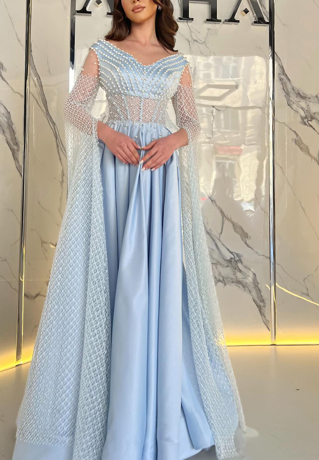 V-Neck Long Sleeves Sheer Pleated Beading A-Line Prom Dress