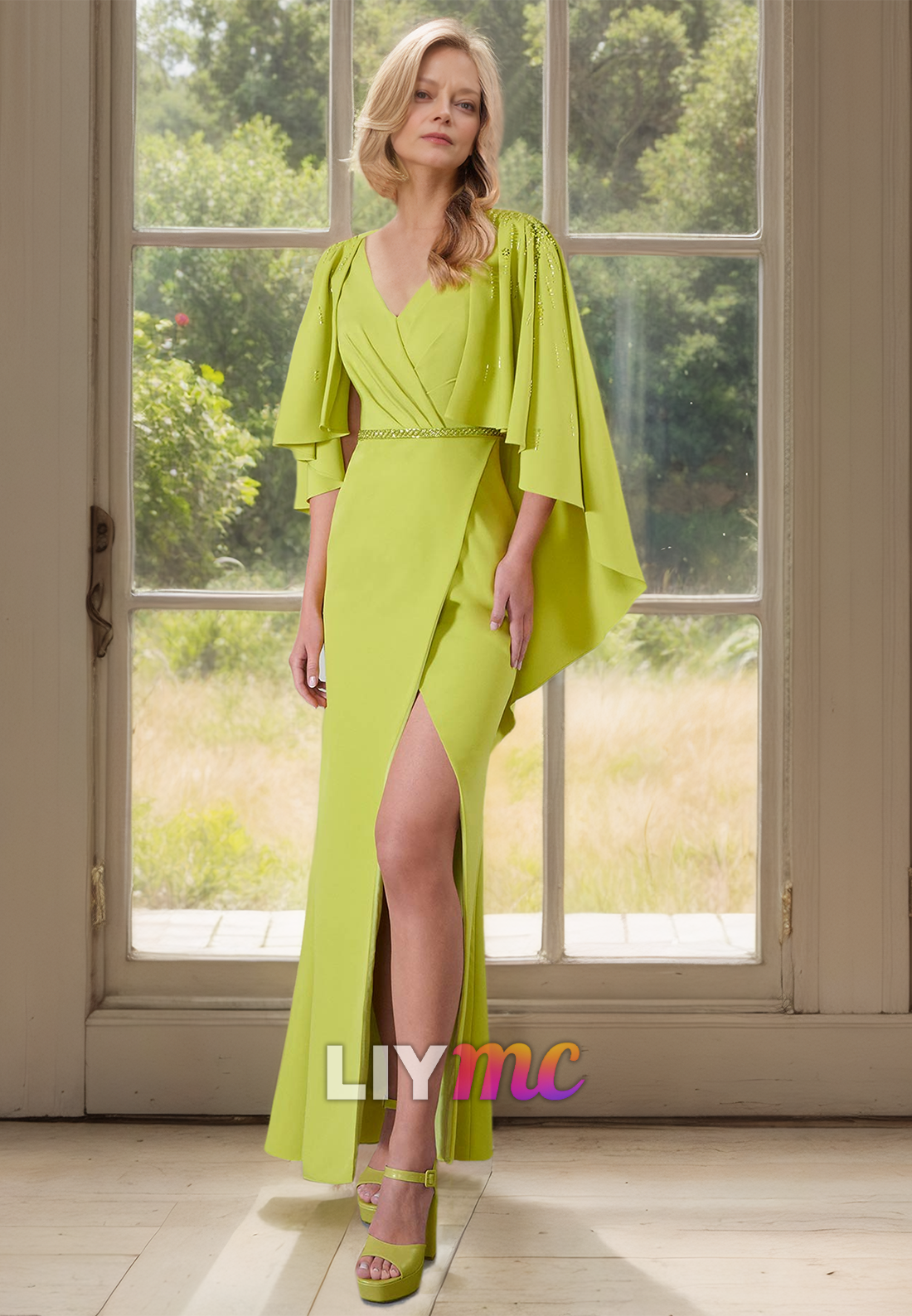 V-Neck Long Sleeves Side Slit Beaded Pleated Sheath Mother of Bride Dress