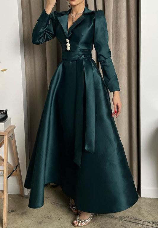 V-Neck Long Sleeves Sleek Satin A-Line Formal Dress