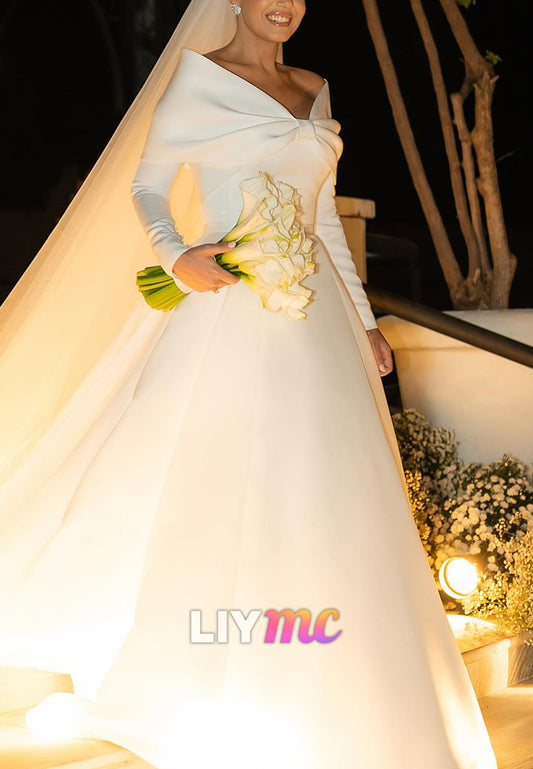 V-Neck Long Sleeves Sleek Satin A-Line Wedding Dress