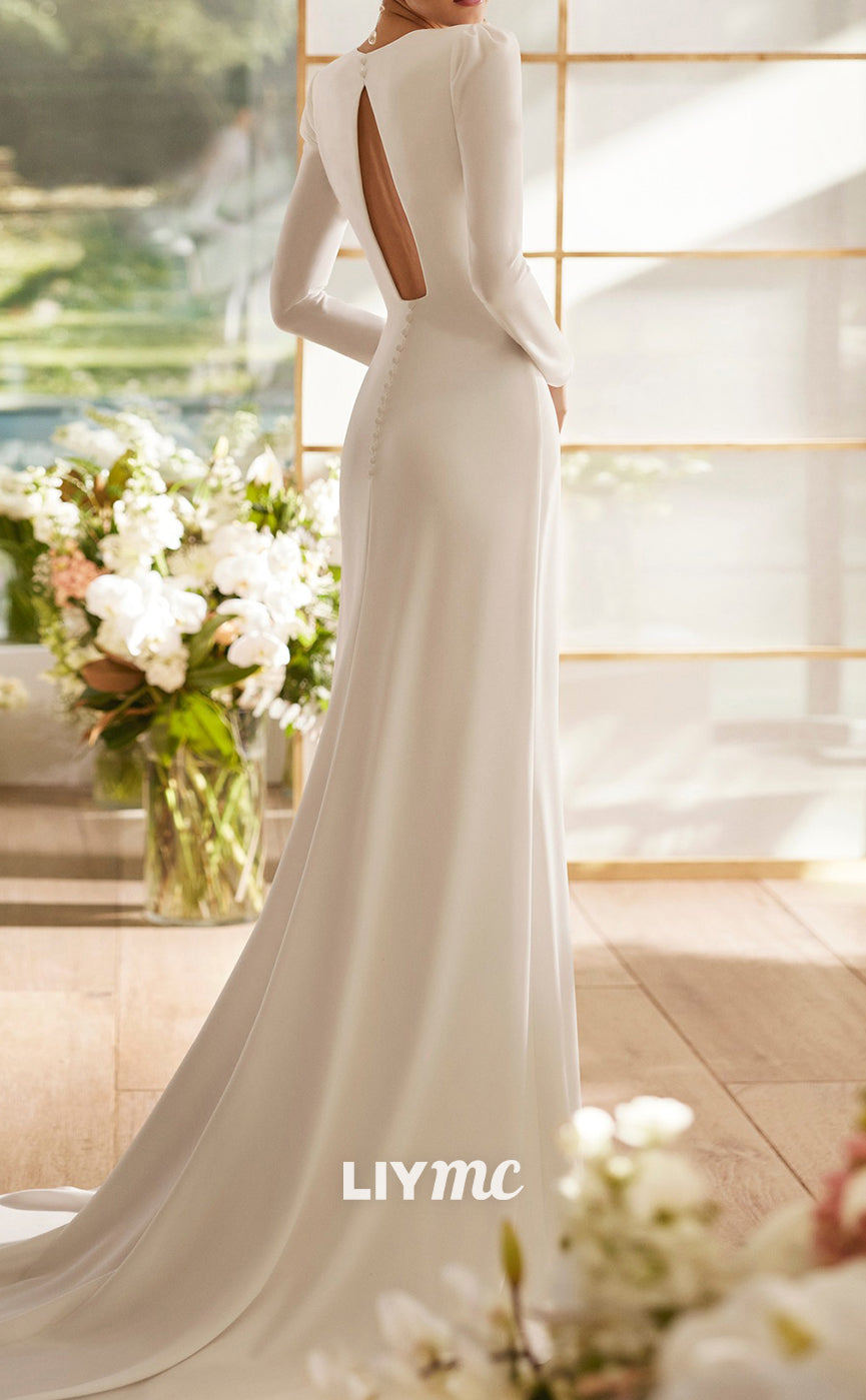 LW891 - V-Neck Long Sleeves Sleek Satin Mermaid Beach Wedding Dress