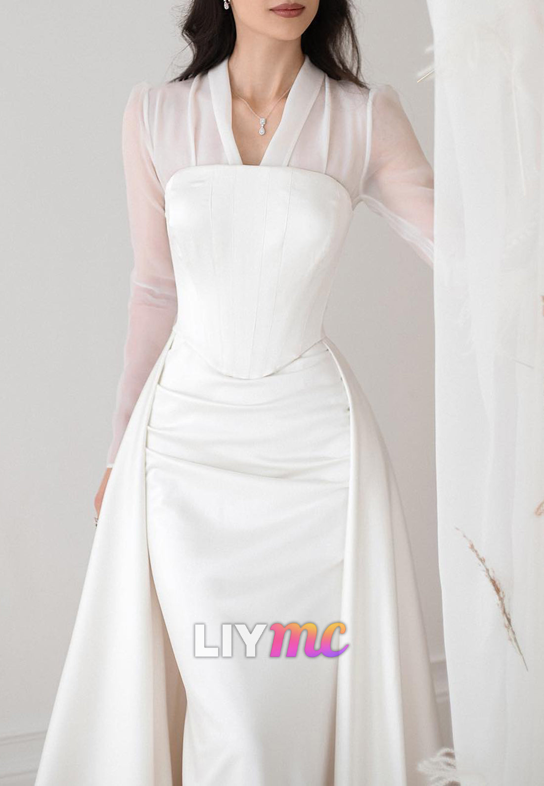 V-Neck Long Sleeves Sleek Satin Mermaid Wedding Dress