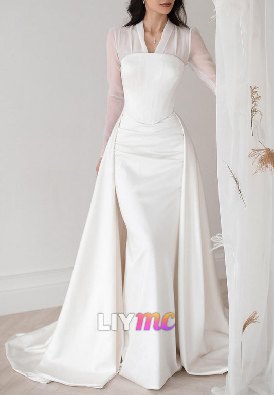 V-Neck Long Sleeves Sleek Satin Mermaid Wedding Dress