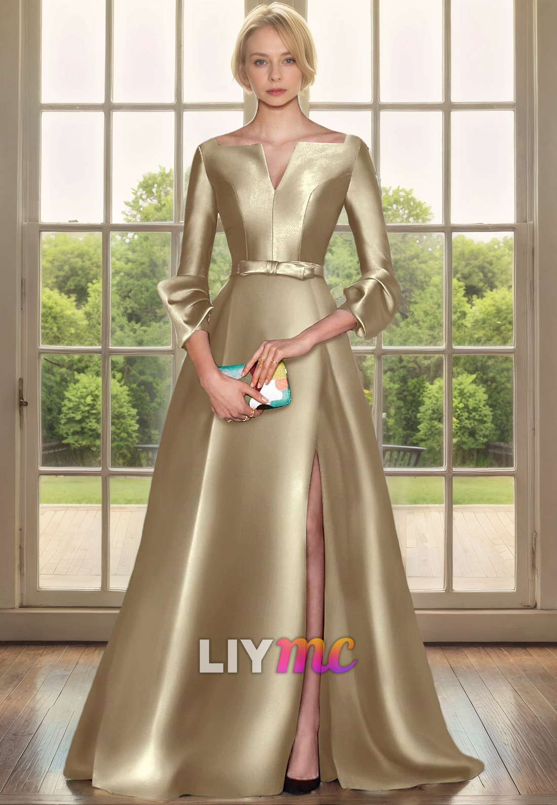 V-Neck Long Sleeves Sleek Satin Pleated A-Line Mother of Bride Dress Cocktail Dress