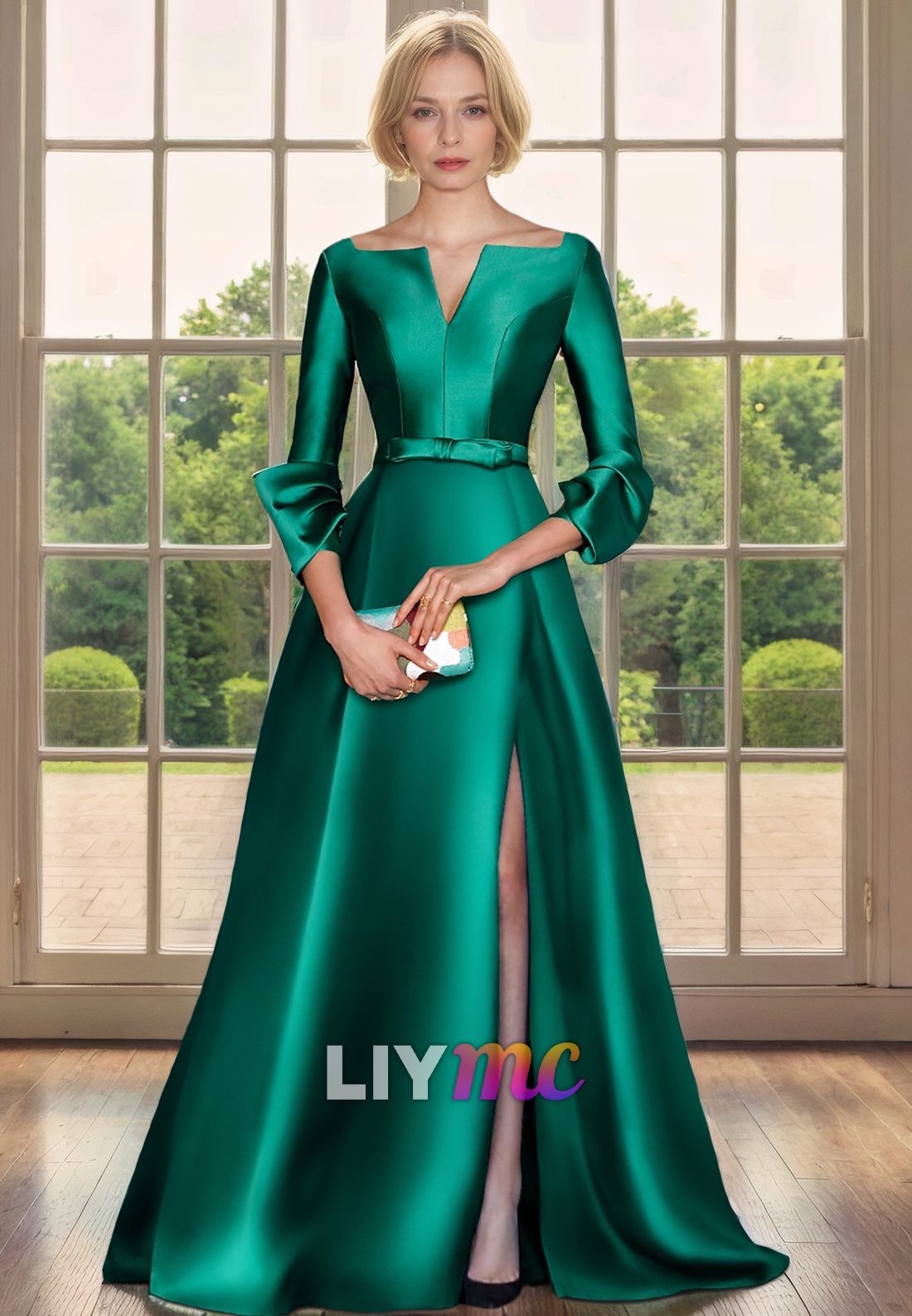 V-Neck Long Sleeves Sleek Satin Pleated A-Line Mother of Bride Dress Cocktail Dress V-Neck Long Sleeves Sleek Satin Pleated A-Line Mother of Bride Dress Cocktail Dress