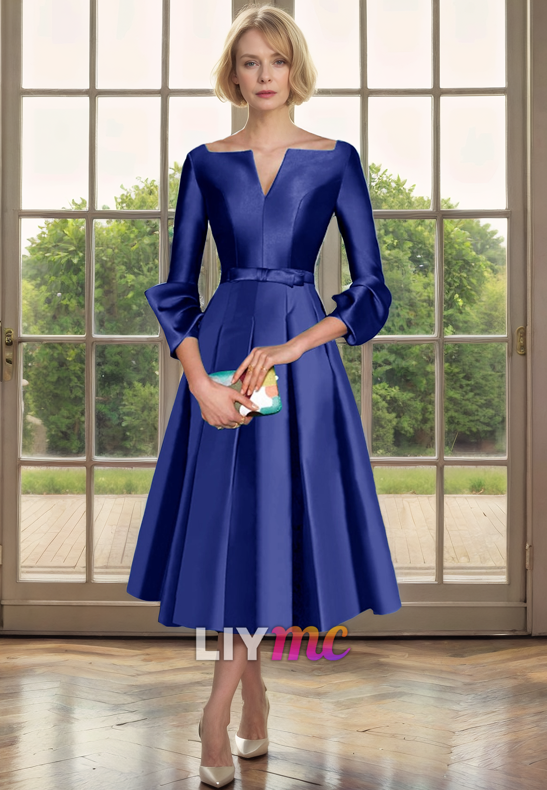 V-Neck Long Sleeves Sleek Satin Pleated A-Line Mother of Bride Dress Cocktail Dress
