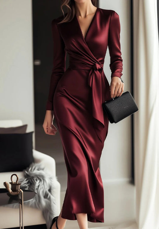 V-Neck Long Sleeves Sleek Sheath Work Dress