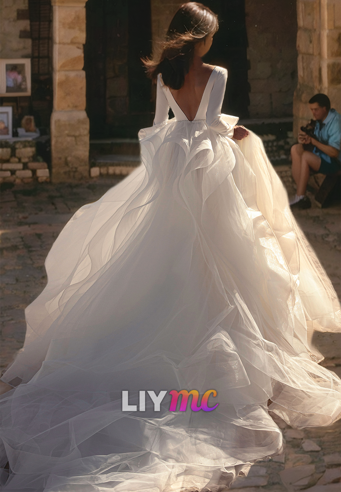 LW214 - Illusion Low V Neck Long Sleeves Satin Tiered Tulle Long Wedding Ball Gown