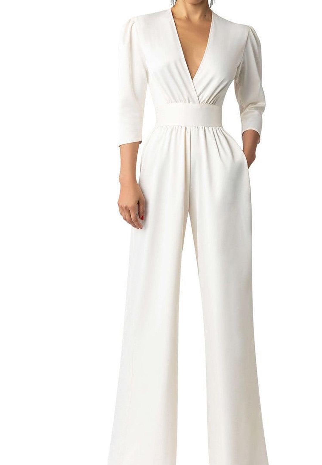 V-Neck Long Sleeves White Jumpsuit