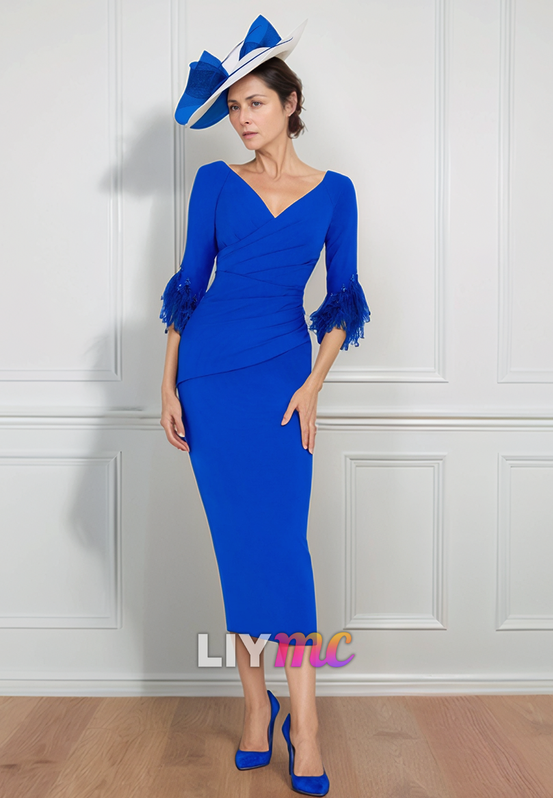 V-Neck Long Sleeves Pleated Mermaid Mother of Bride Dress