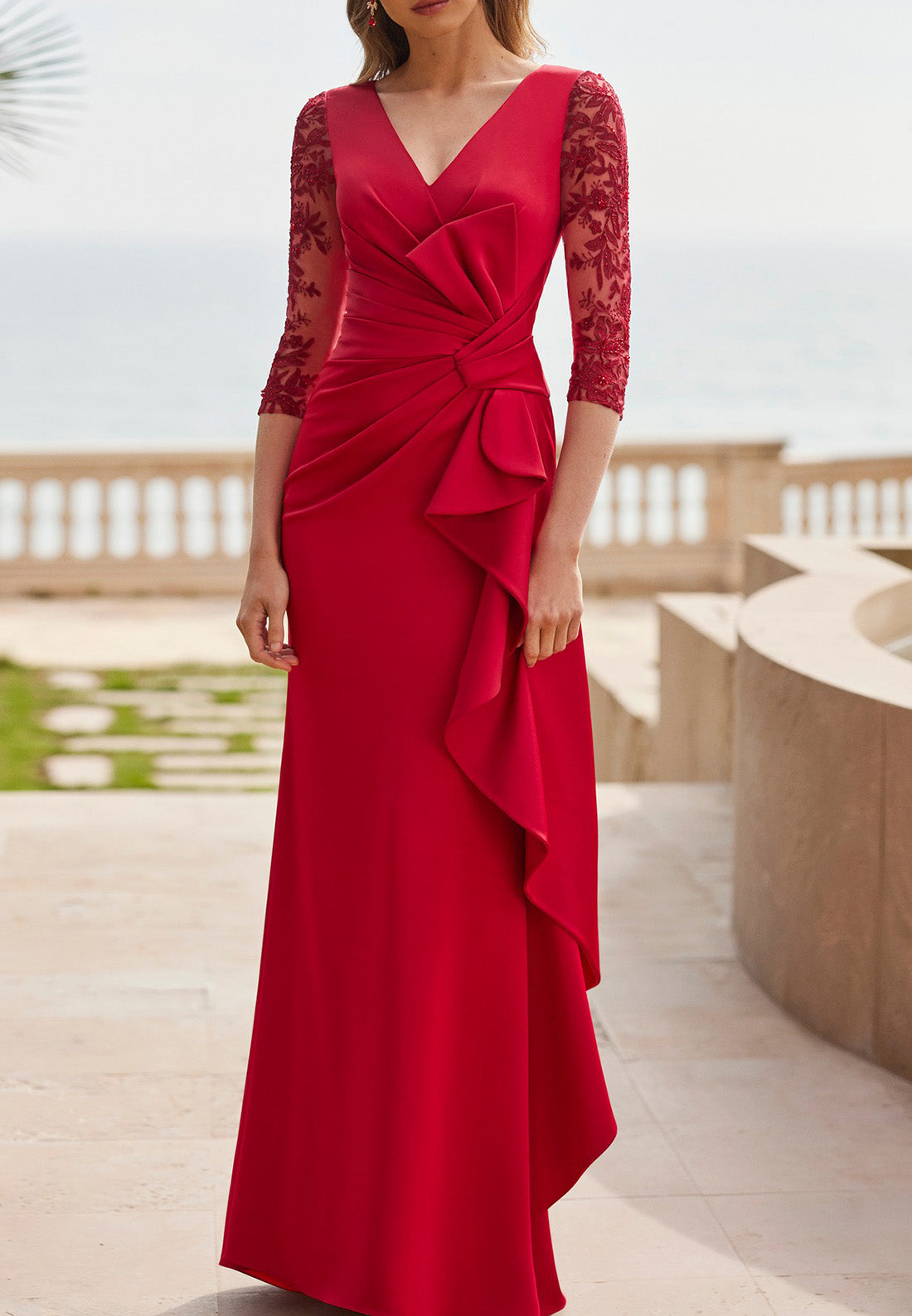 V-Neck Neck Long Sleeveless Appliques Ruffled Sheath Mother of Bride Dress