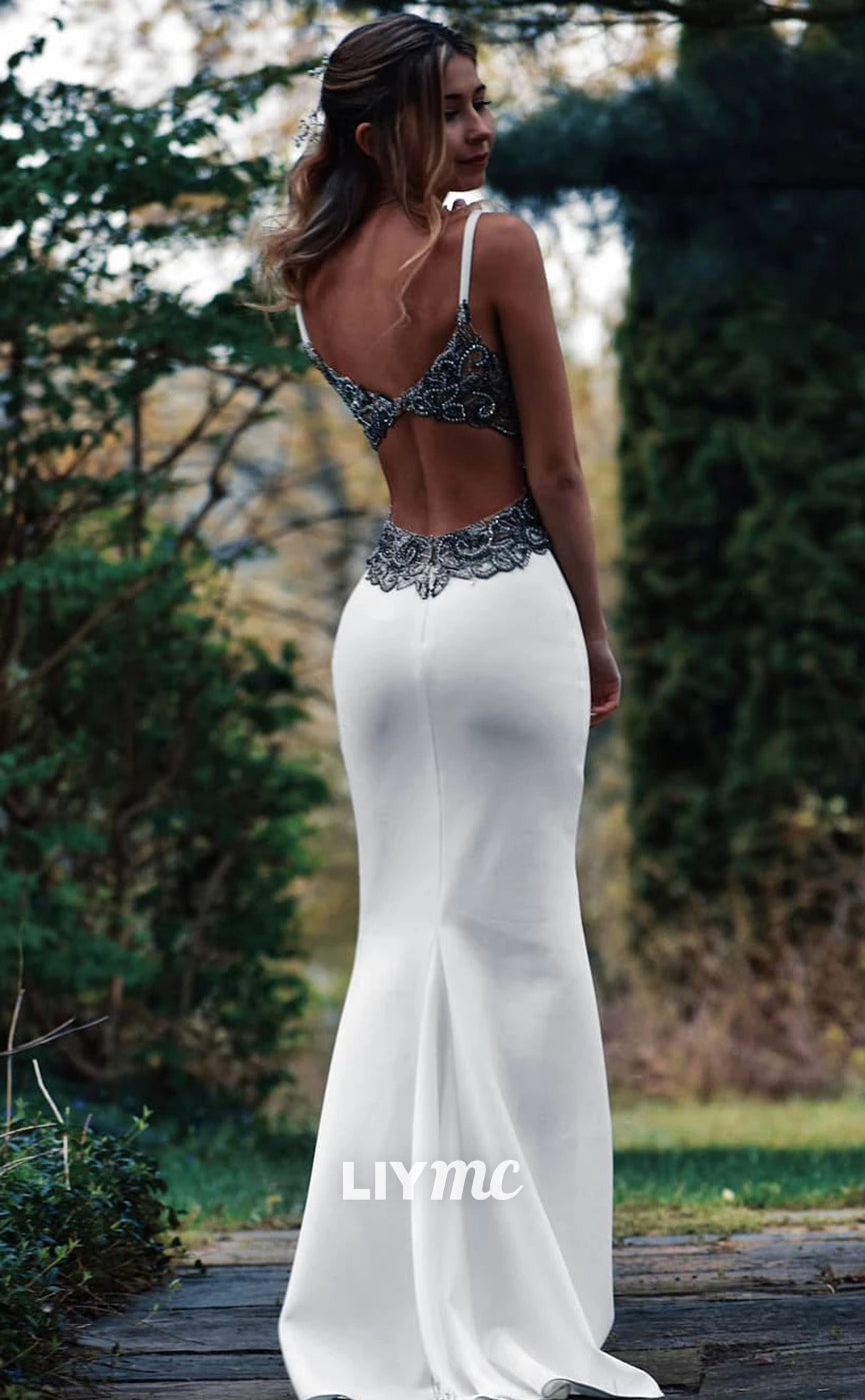 LW873 - V-Neck Open Back Appliques Sleek Satin Mermaid Beach Wedding Dress