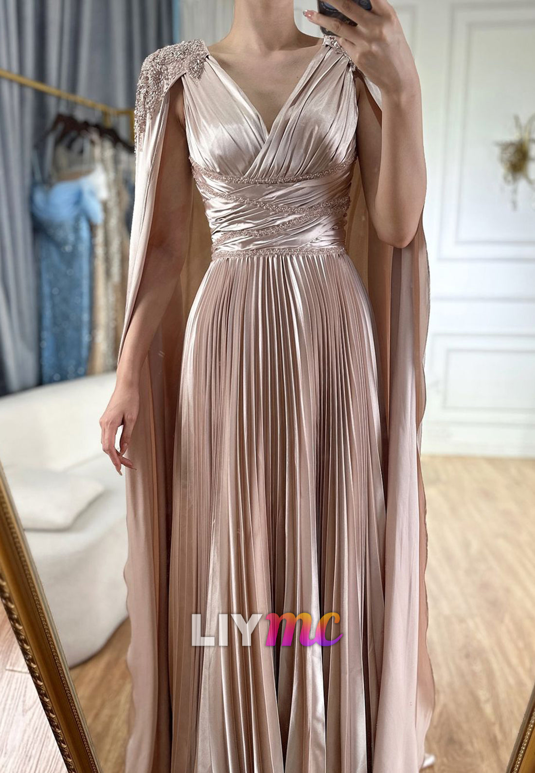V-Neck Pleated Long Sleeves Beaded A-Line Evening Dress