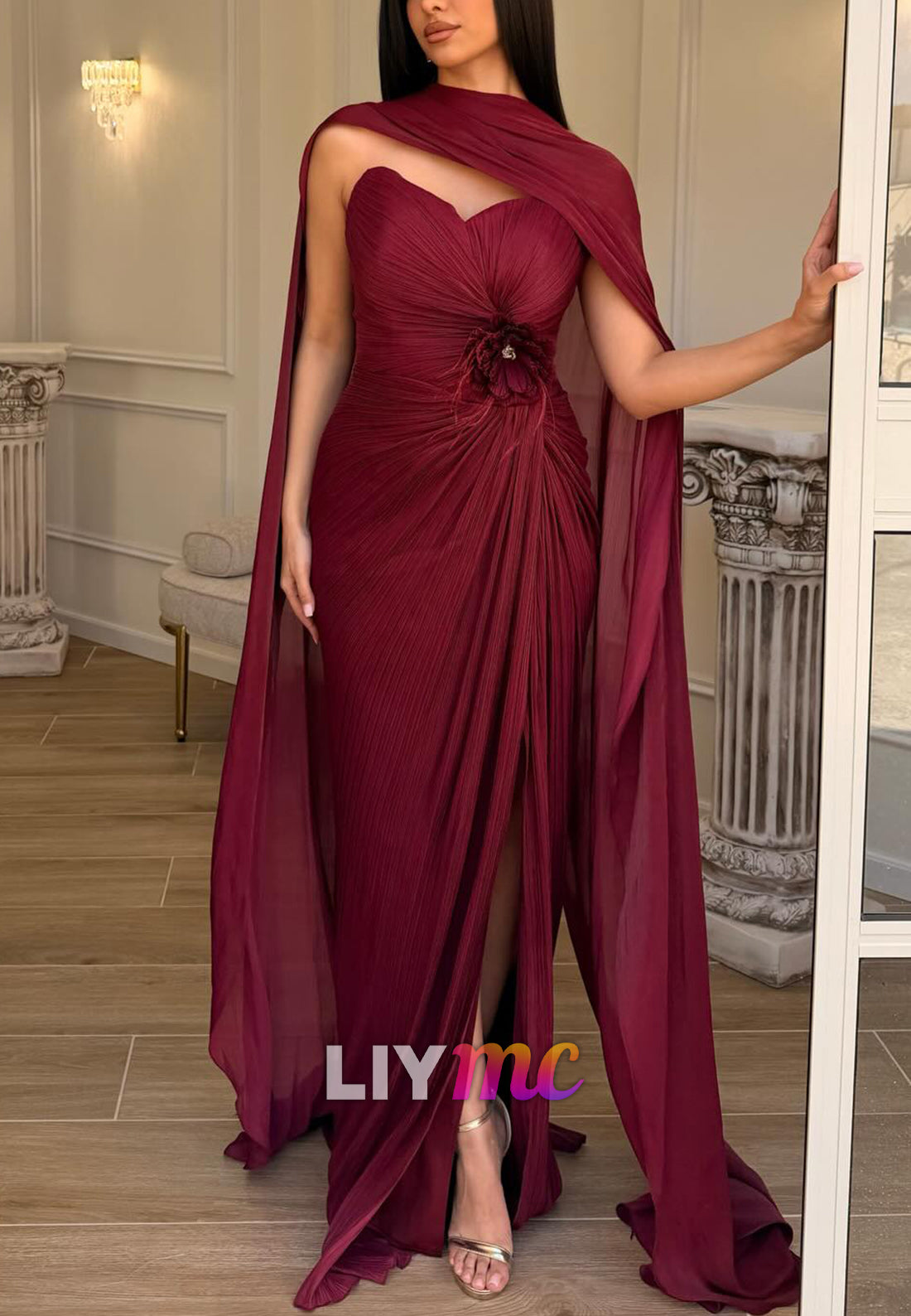 V-Neck Pleated Side Slit Sheath Evening Dress