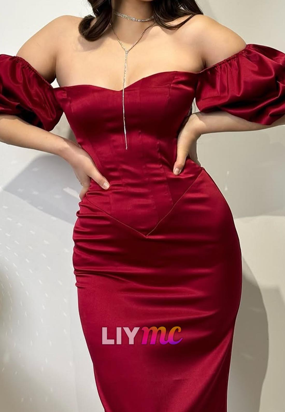 V-Neck Puff Sleeves Fitted Mermaid Formal Dress