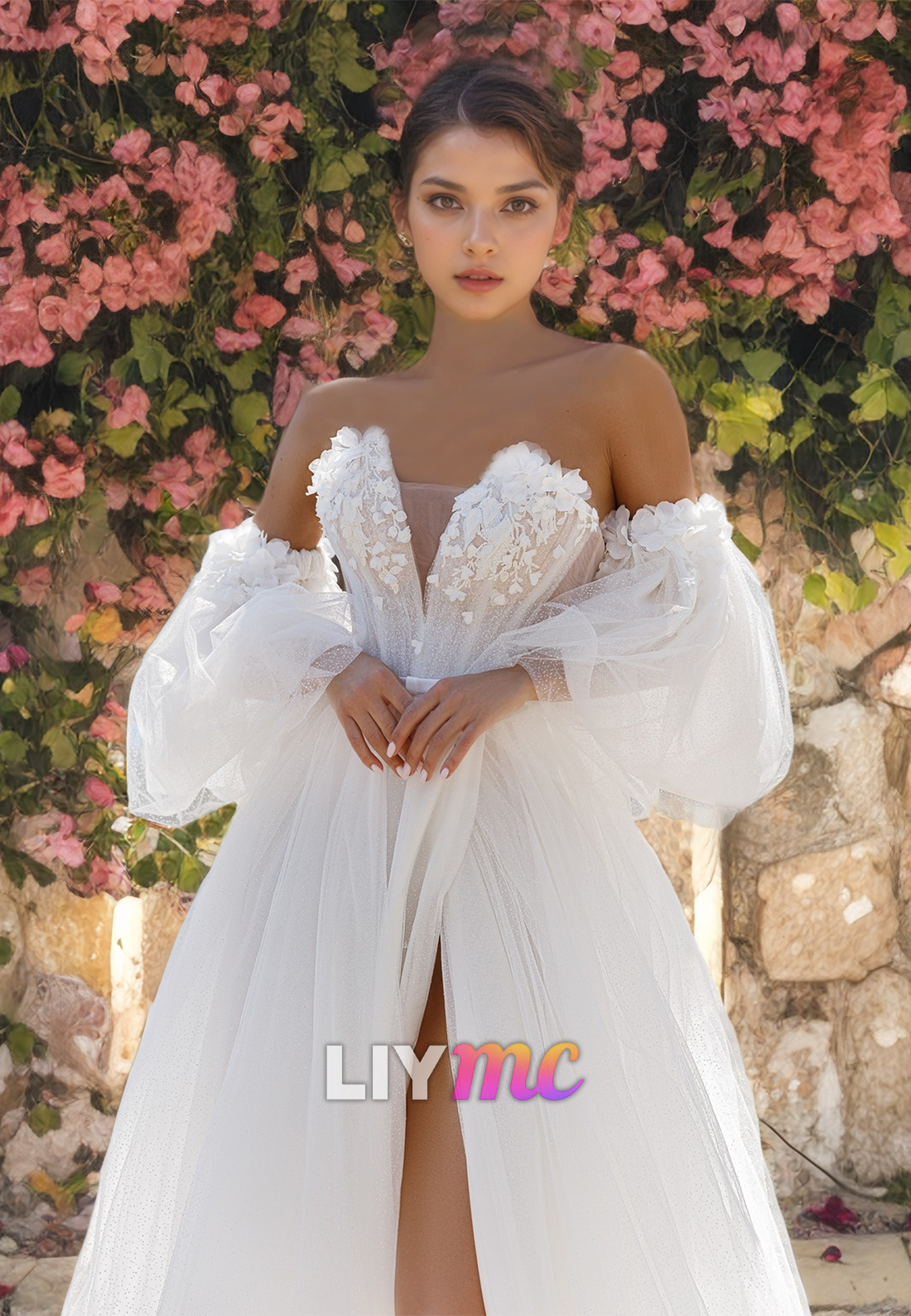 V-Neck Puff Sleeves Floral Embellished Tulle A-Line Wedding Dress
