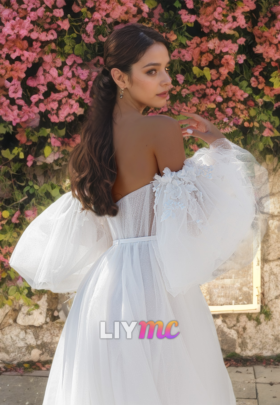 V-Neck Puff Sleeves Floral Embellished Tulle A-Line Wedding Dress