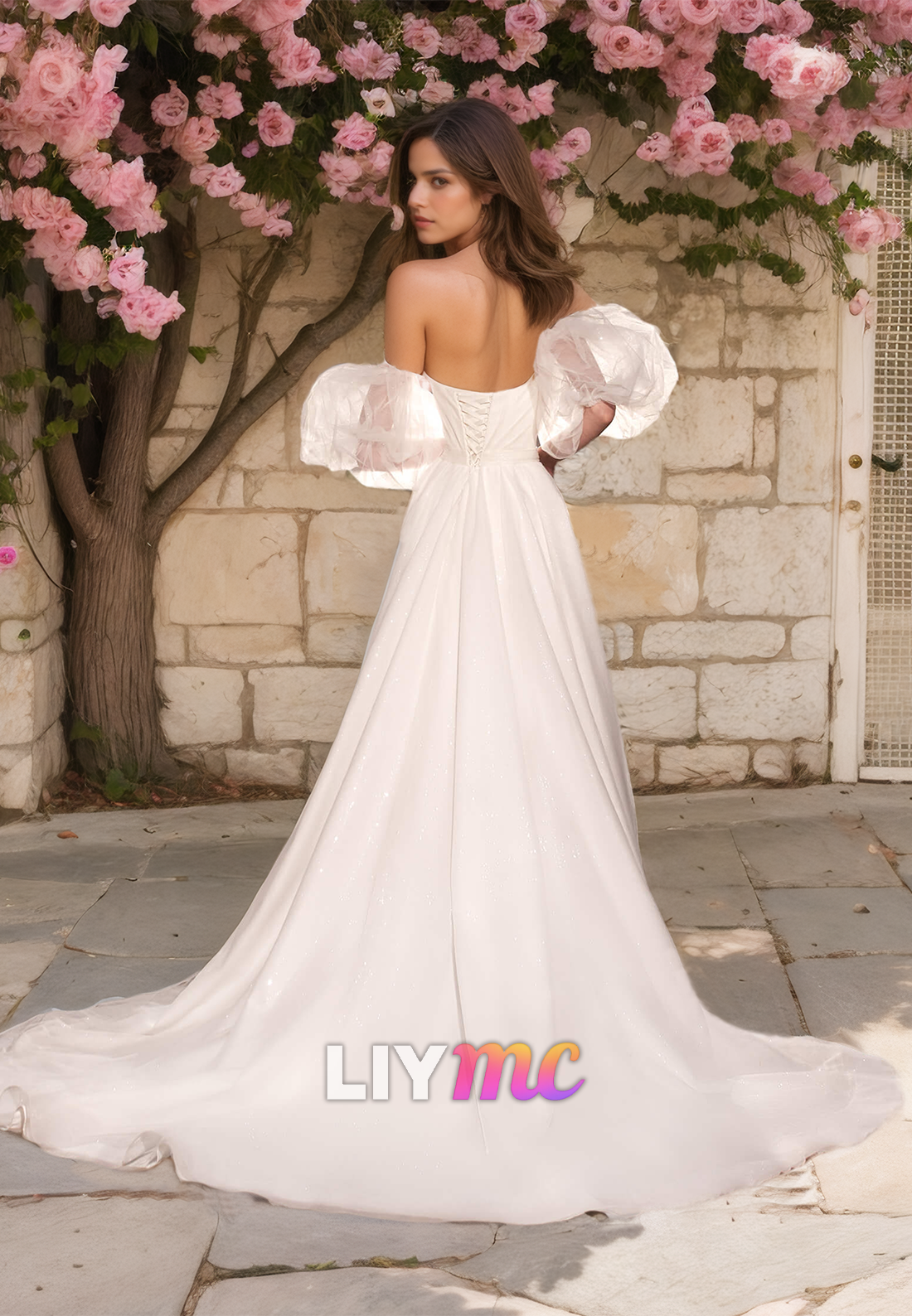 V-Neck Puff Sleeves Pleated Ruched A-Line Wedding Dress