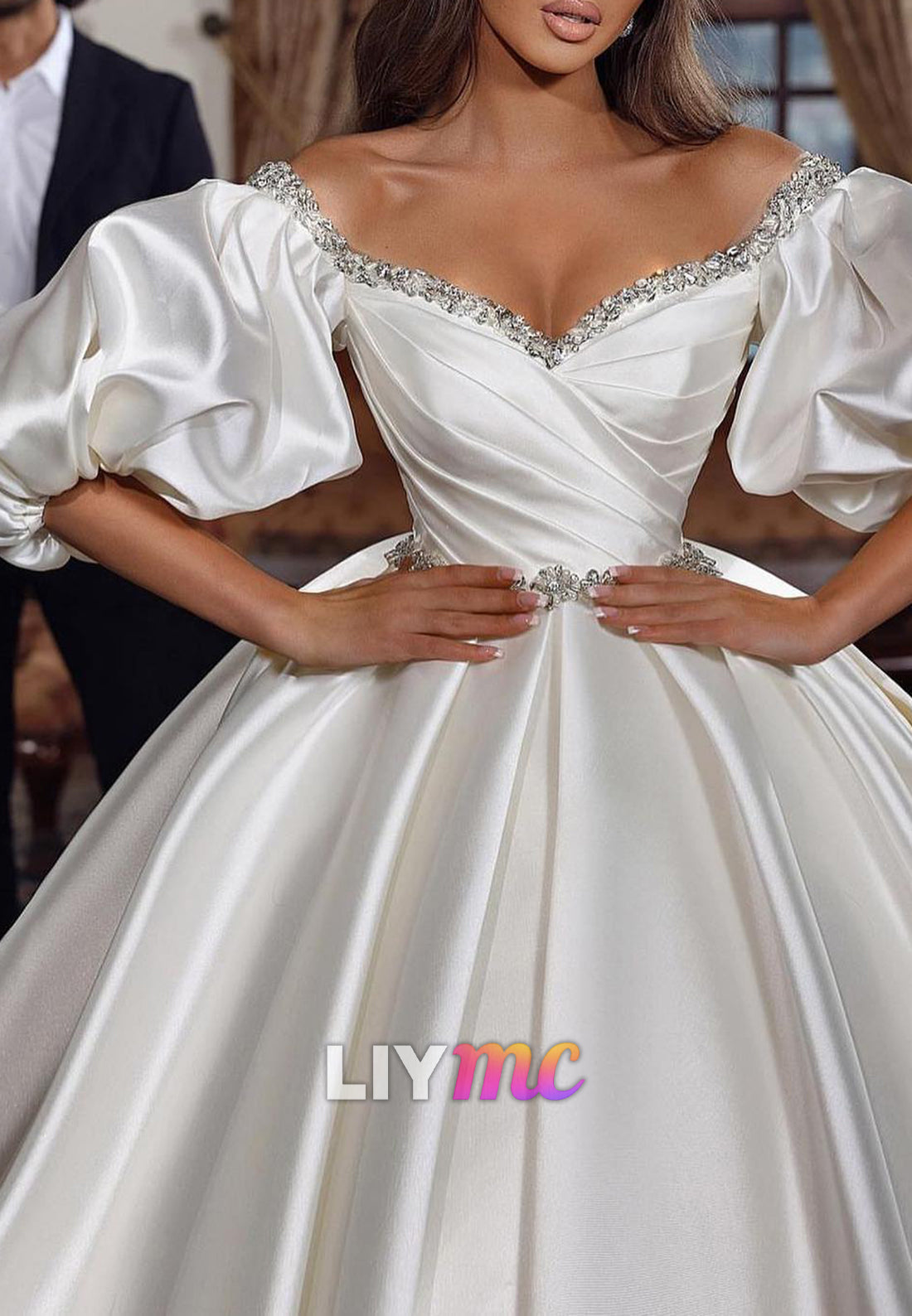 V-Neck Puff Sleeves Pleated Satin A-Line Wedding Dress