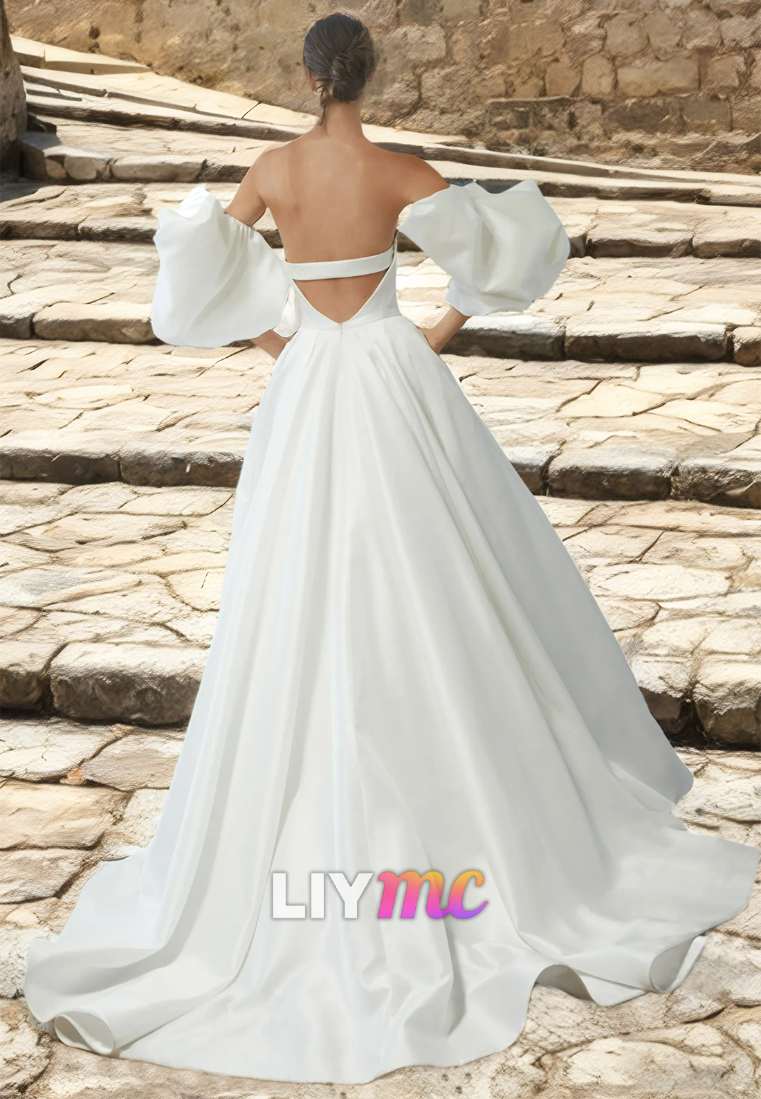 V-Neck Puff Sleeves Pleated Sleek Satin A-Line Wedding Dress