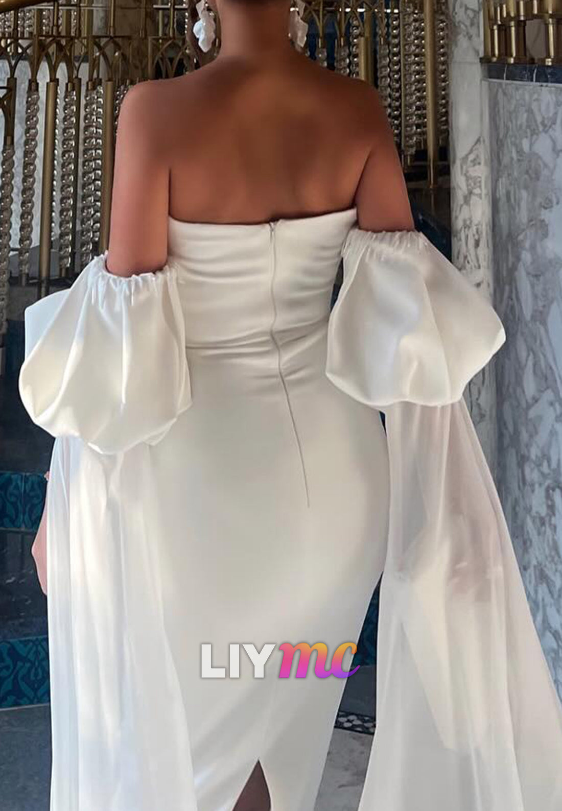 V-Neck Puff Sleeves Sleek Mermaid Evening Dress