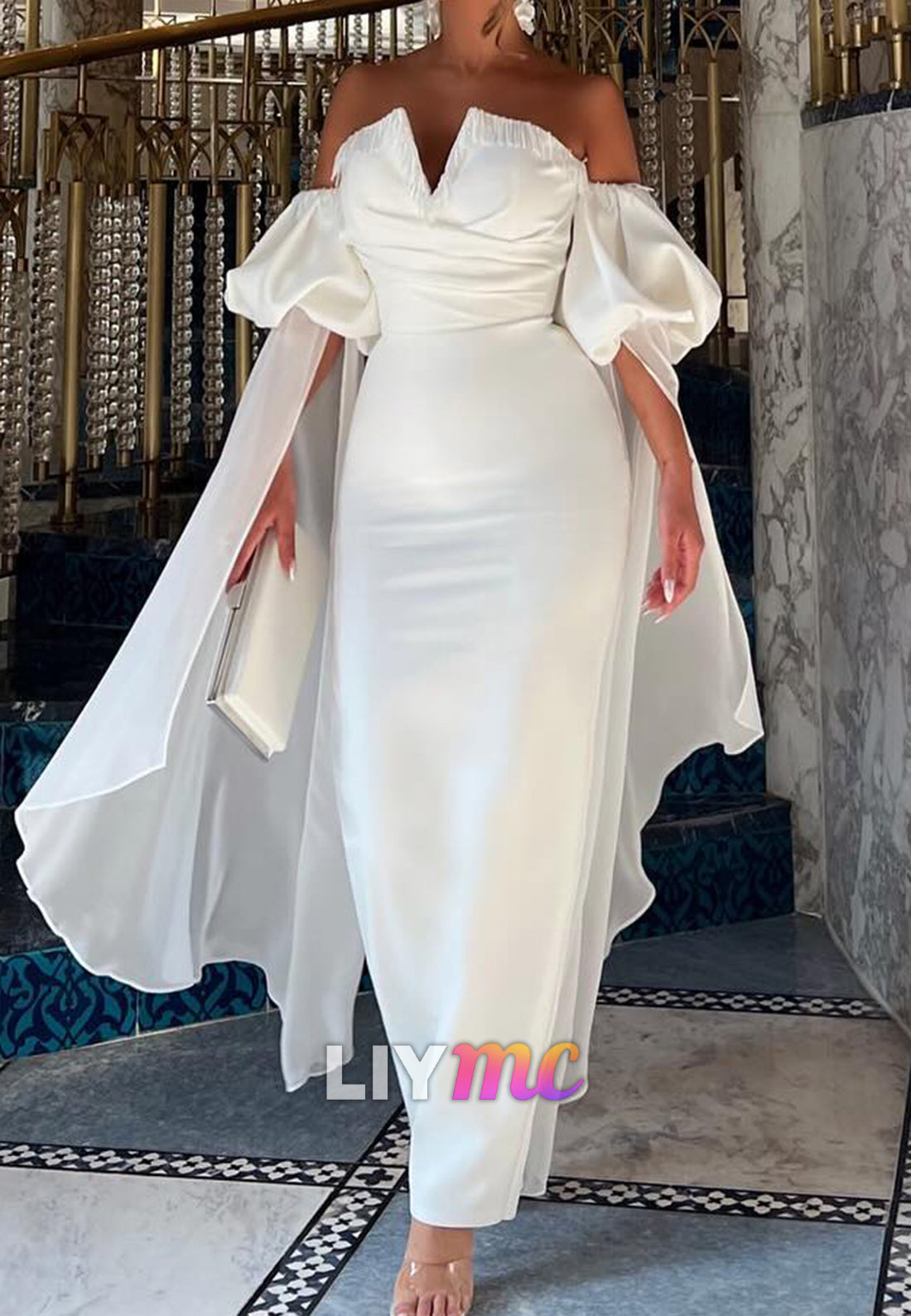 V-Neck Puff Sleeves Sleek Mermaid Evening Dress