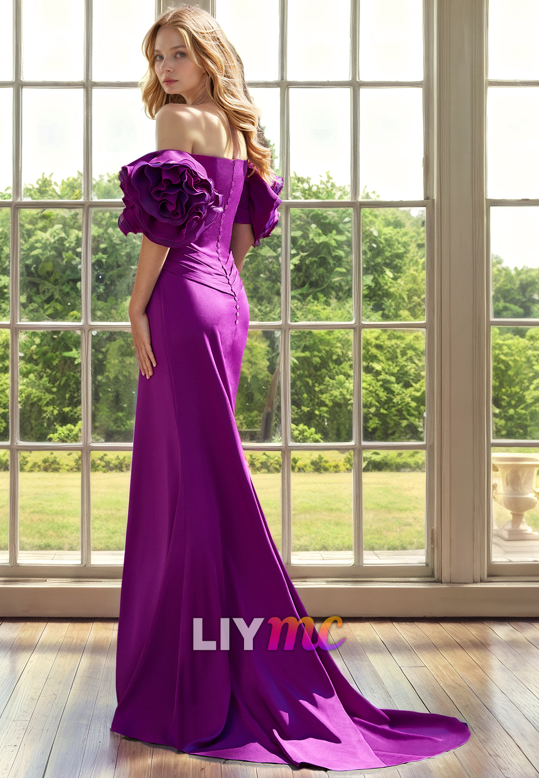 V-Neck Puff Sleeves Sleek Satin Side Slit Mermaid Mother of Bride Dress Cocktail Dress