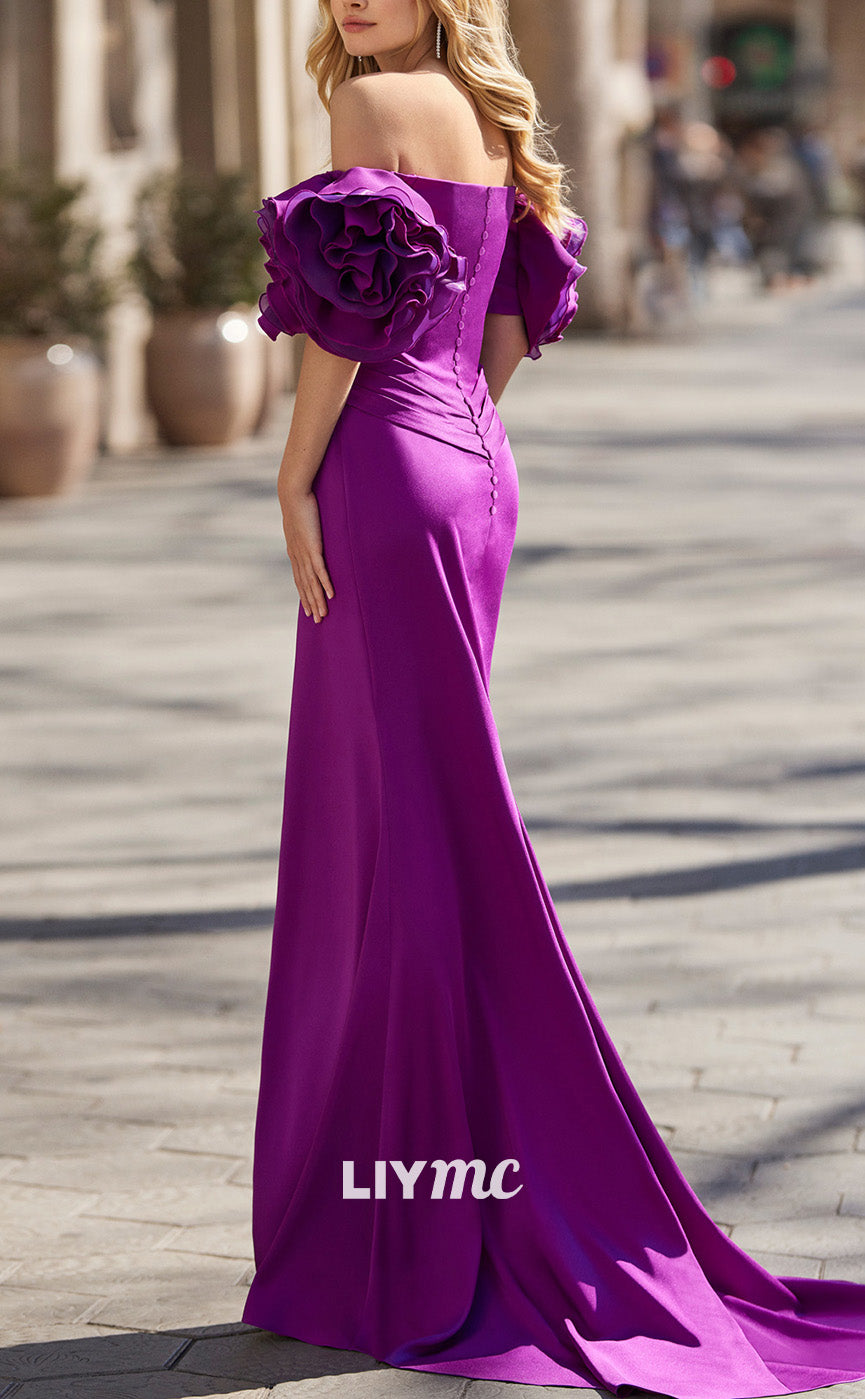 M1288 - V-Neck Puff Sleeves Sleek Satin Side Slit Mother of Bride Dress Cocktail Dress