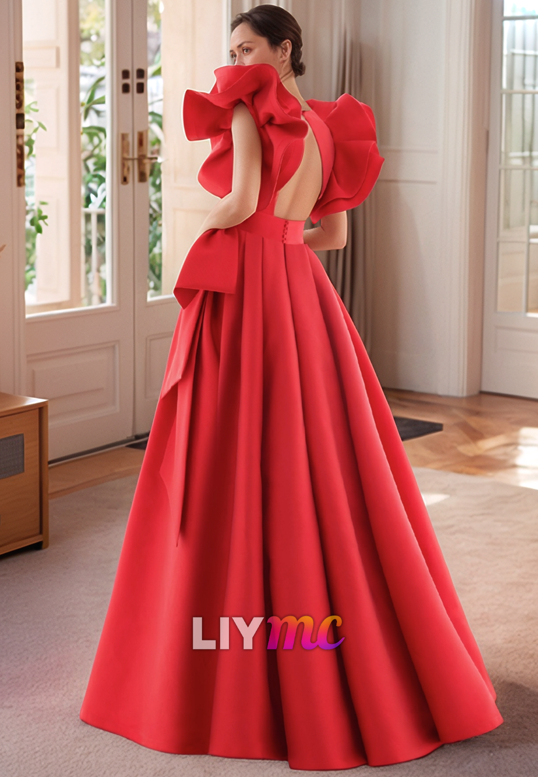 V-Neck Ruffled Pleated Satin Floor-Evening Dress Length A-Line Mother of Bride Dress