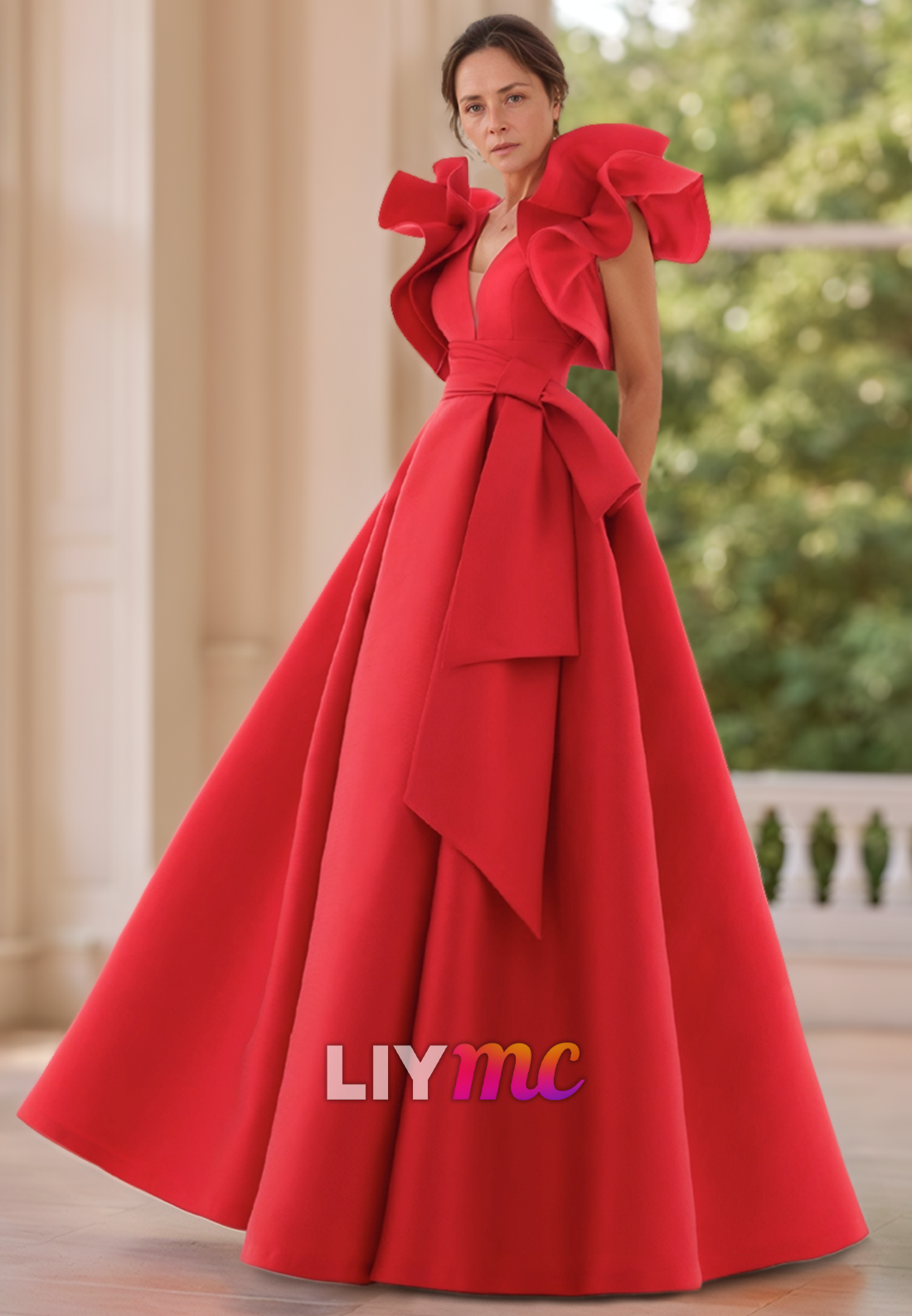 V-Neck Ruffled Pleated Satin Floor-Evening Dress Length A-Line Mother of Bride Dress