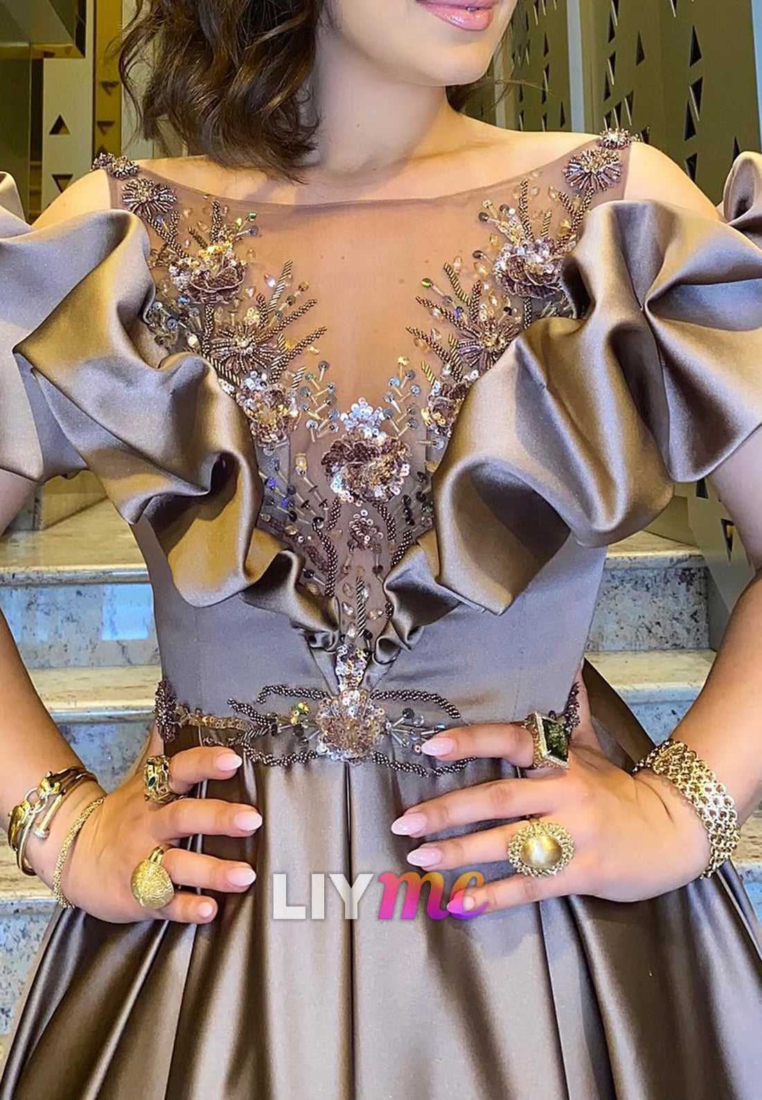 V-Neck Sequins Appliques Ruffled A-Line Evening Dress