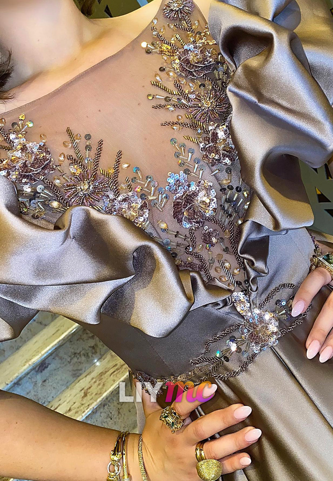 V-Neck Sequins Appliques Ruffled A-Line Evening Dress