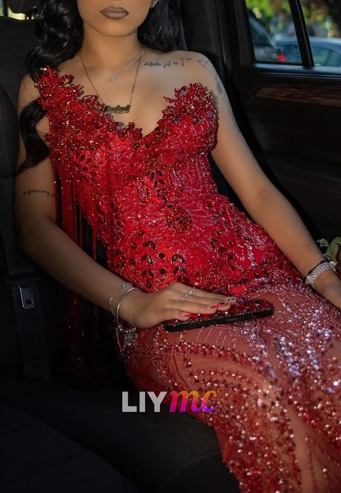 V-Neck Sequins Beaded Sparkly Mermaid Prom Dress for Black Girls