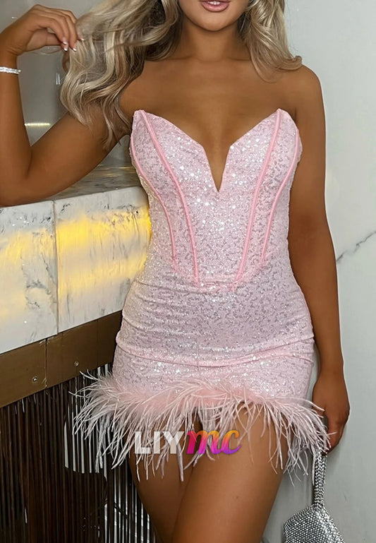 V-Neck Sequins Feathered Fitted Sheath Homecoming Dress