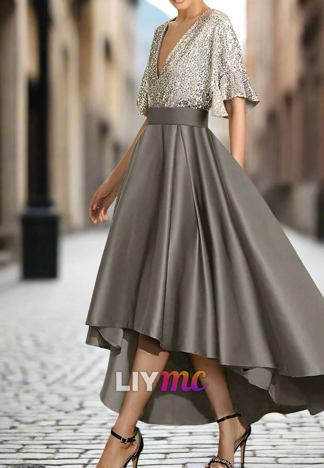 V-Neck Sequins Short Sleeves A-Line Mother of Bride Dress