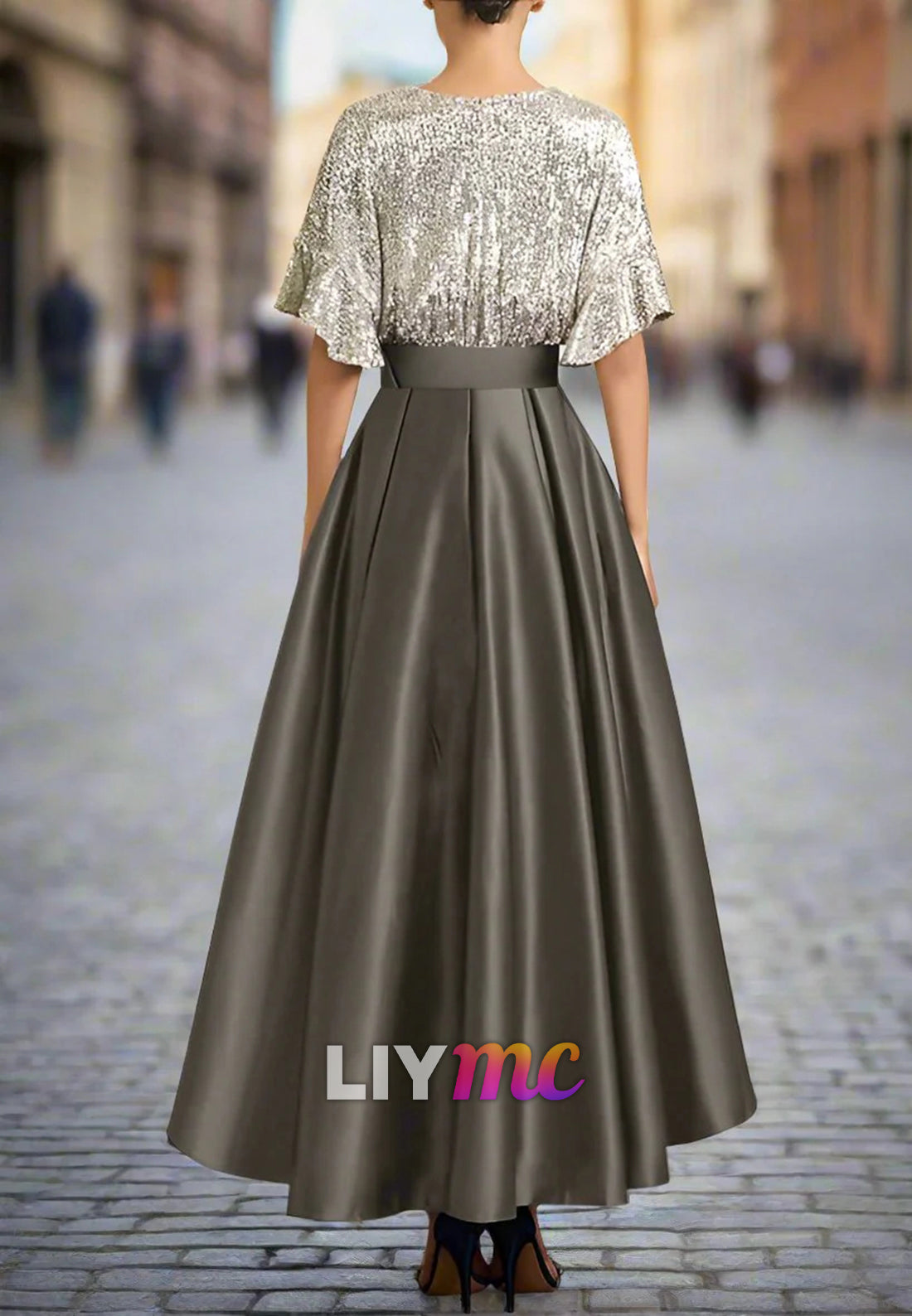 V-Neck Sequins Short Sleeves A-Line Mother of Bride Dress