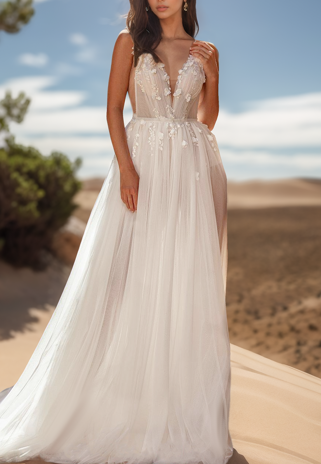 V-Neck Sheer Appliques Spaghetti Straps A-Line Beach Wedding Dress