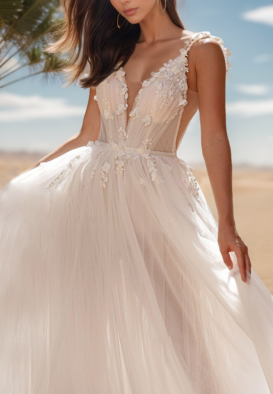 V-Neck Sheer Appliques Spaghetti Straps A-Line Beach Wedding Dress