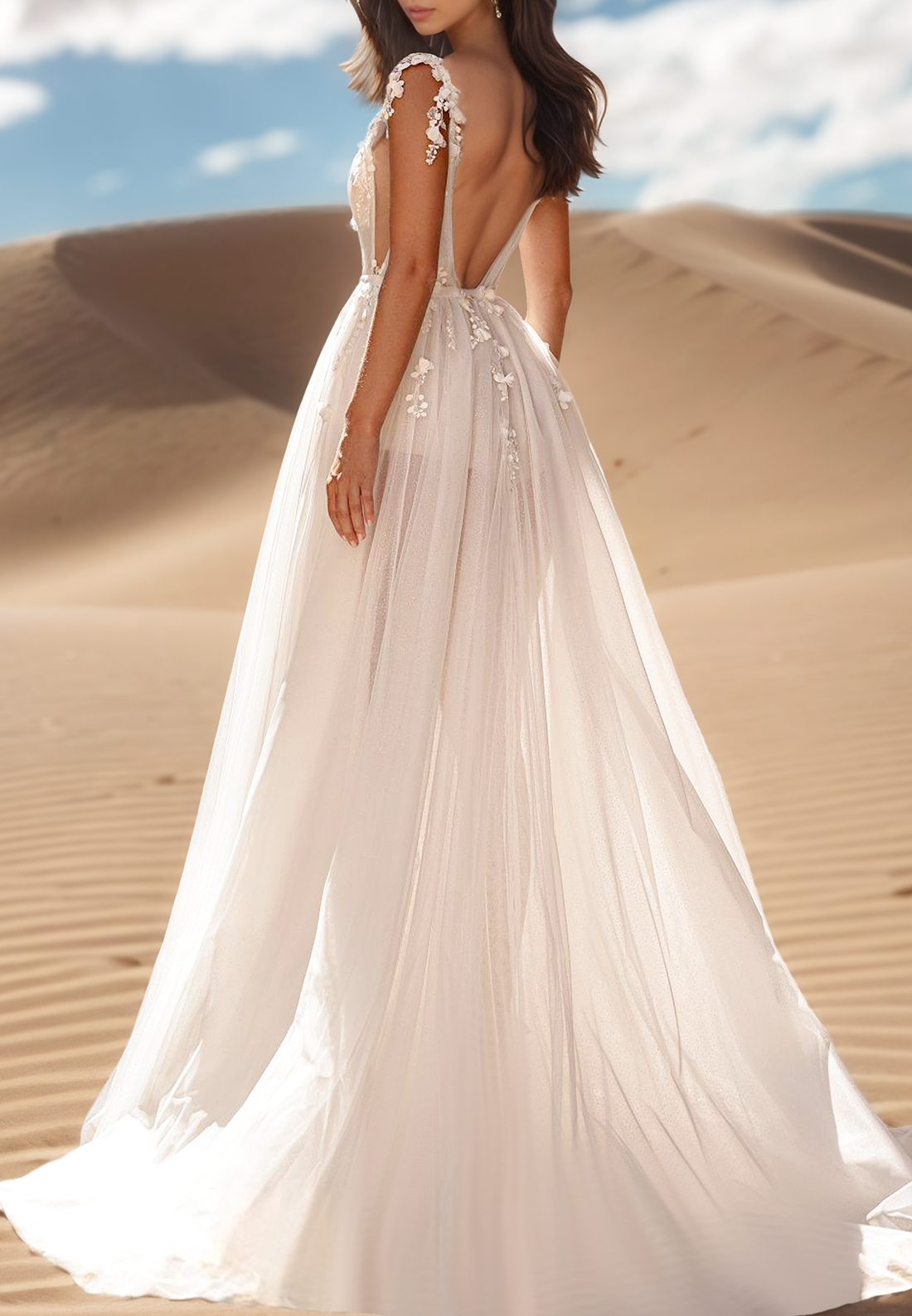 V-Neck Sheer Appliques Spaghetti Straps A-Line Beach Wedding Dress