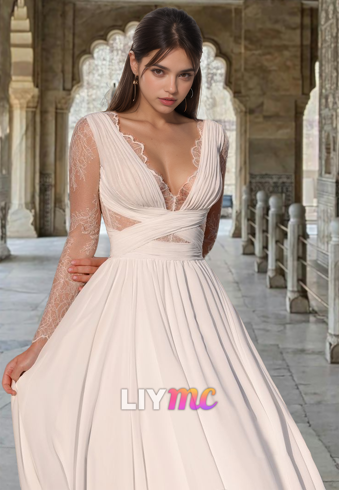 V-Neck Sheer Lace Appliques Long Sleeves A-Line Wedding Dress