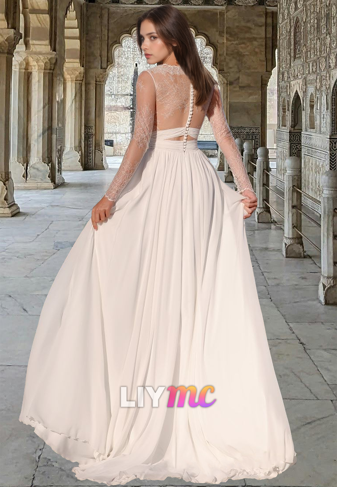 V-Neck Sheer Lace Appliques Long Sleeves A-Line Wedding Dress