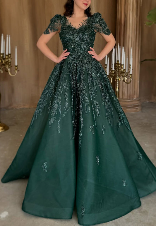 V-Neck Short Sleeves Appliques A-Line Evening Dress