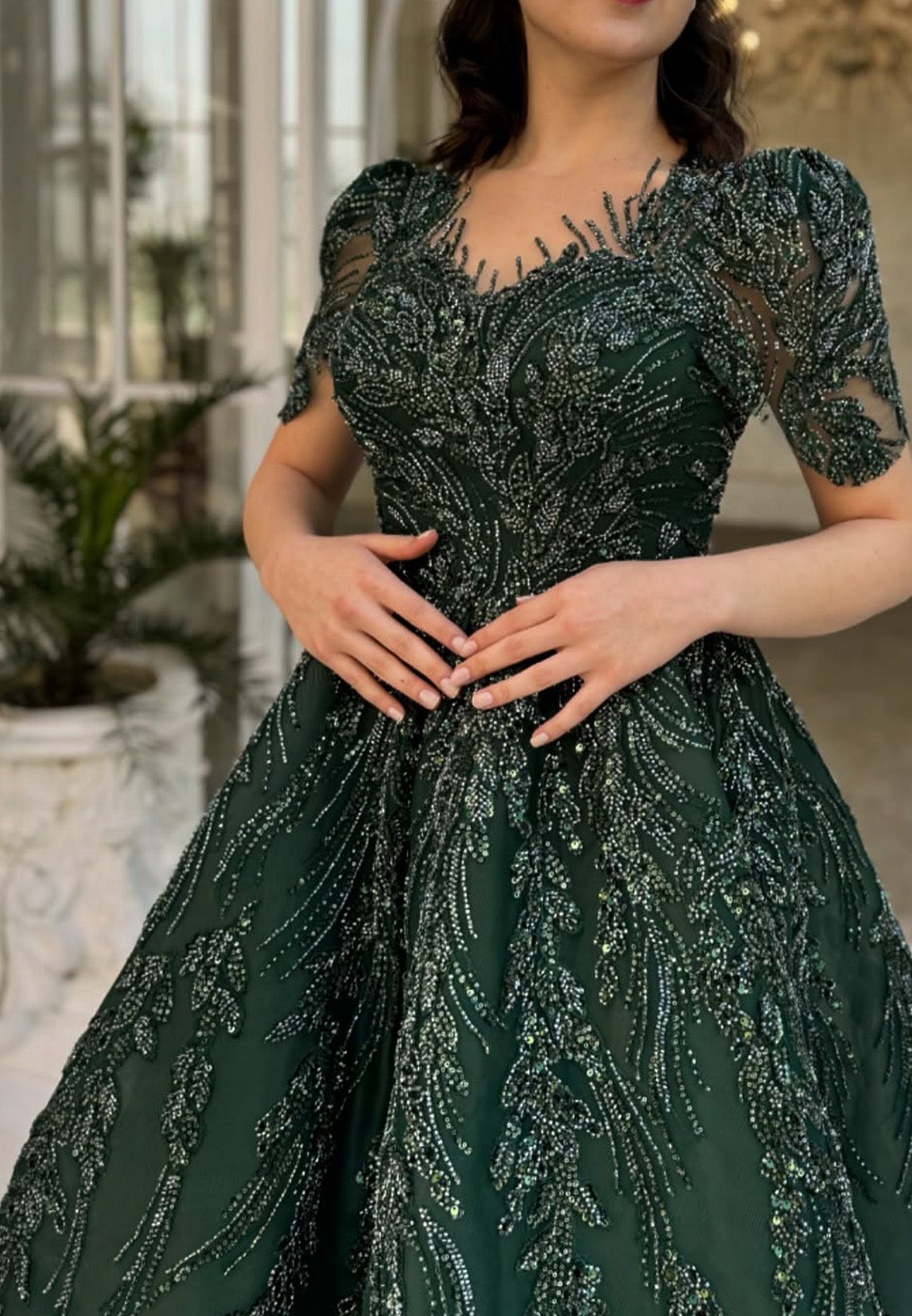 V-Neck Short Sleeves Appliques A-Line Evening Dress