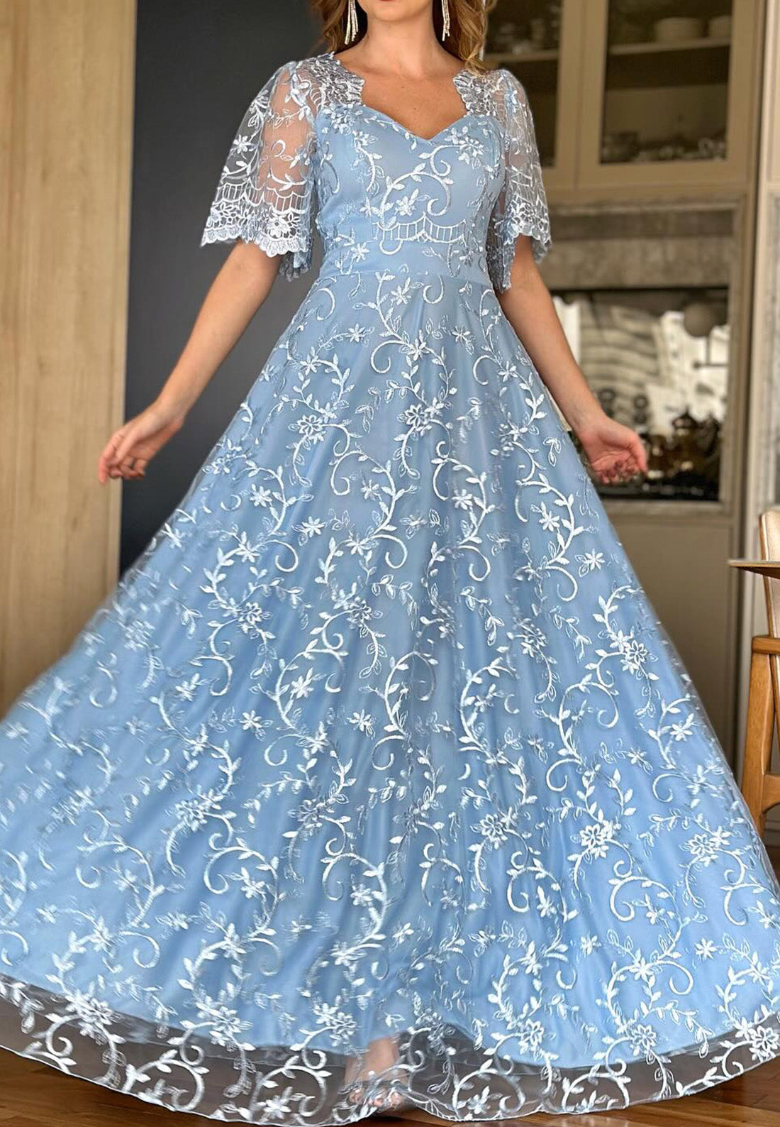 V-Neck Short Sleeves Appliques A-Line Mother of Bride Dress