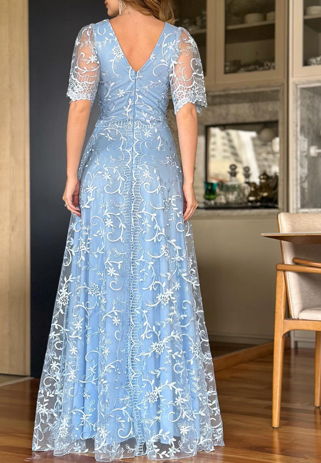 V-Neck Short Sleeves Appliques A-Line Mother of Bride Dress