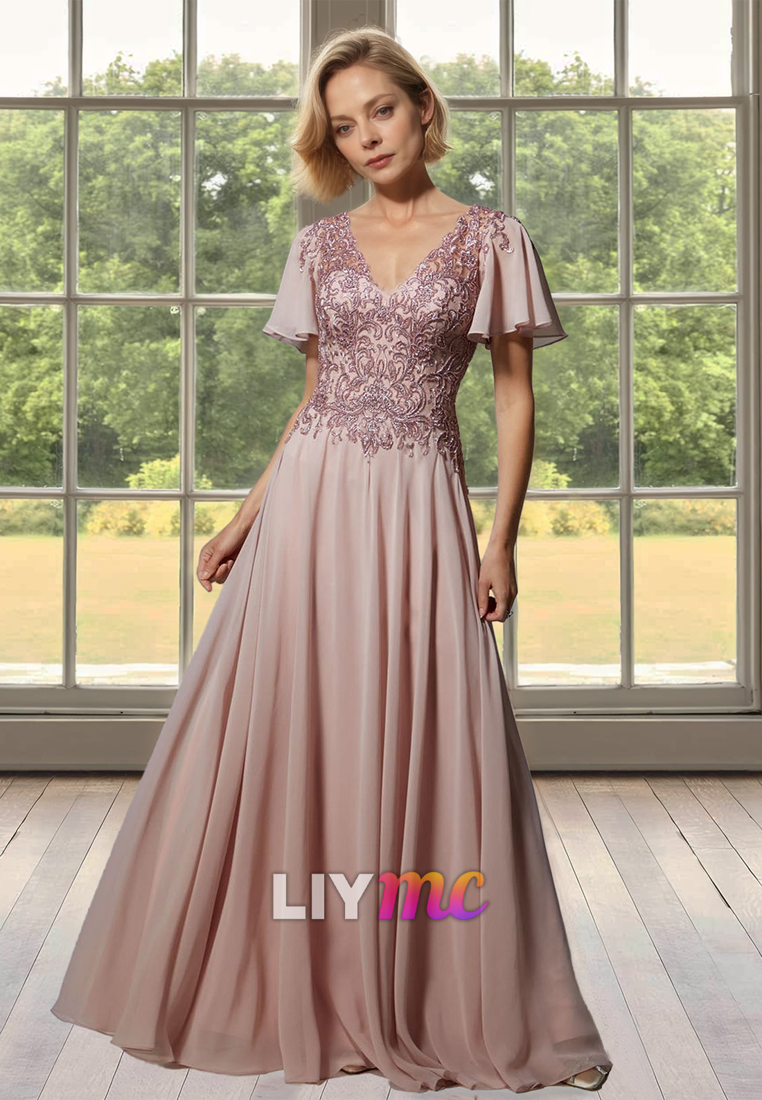 V-Neck Short Sleeves Appliques Pleated A-Line Mother of Bride Dress