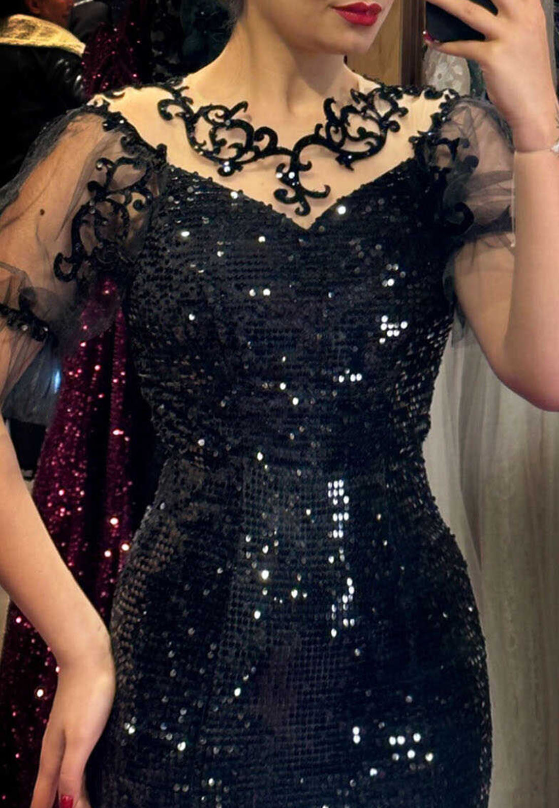V-Neck Short Sleeves Appliques Sequins Sparkly Mermaid Evening Dress