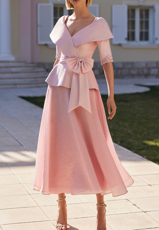 V-Neck Short Sleeves Bowknot A-Line Mother of Bride Dress