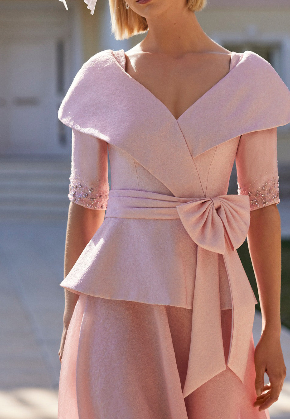 V-Neck Short Sleeves Bowknot A-Line Mother of Bride Dress