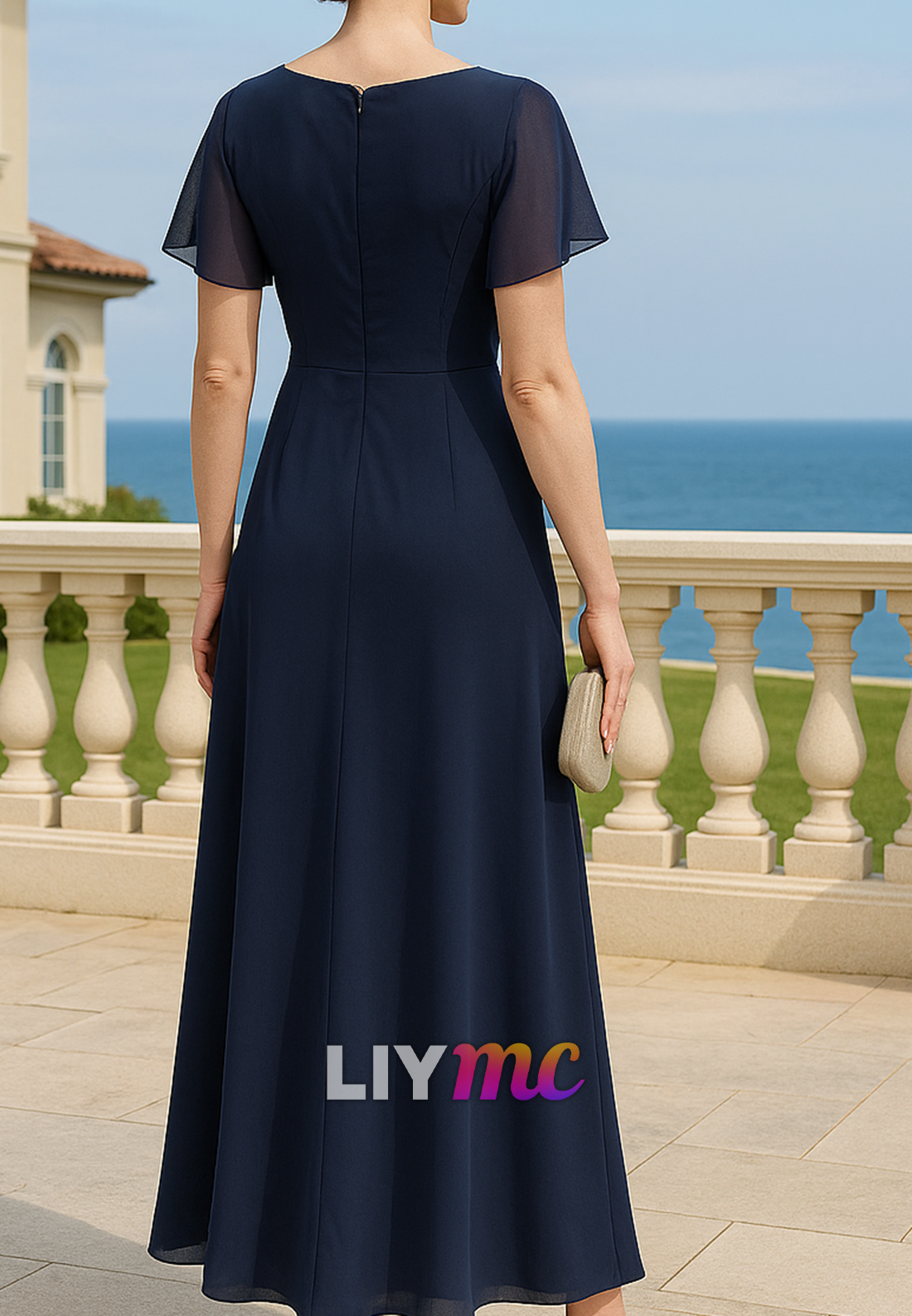 V-Neck Short Sleeves Chiffon A-Line Mother of Bride Dress